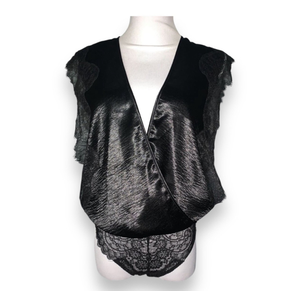 Victoria's Secret Tops - Victoria's Secret Satin Lace Bodysuit Top VNeck Open Front New XS Black